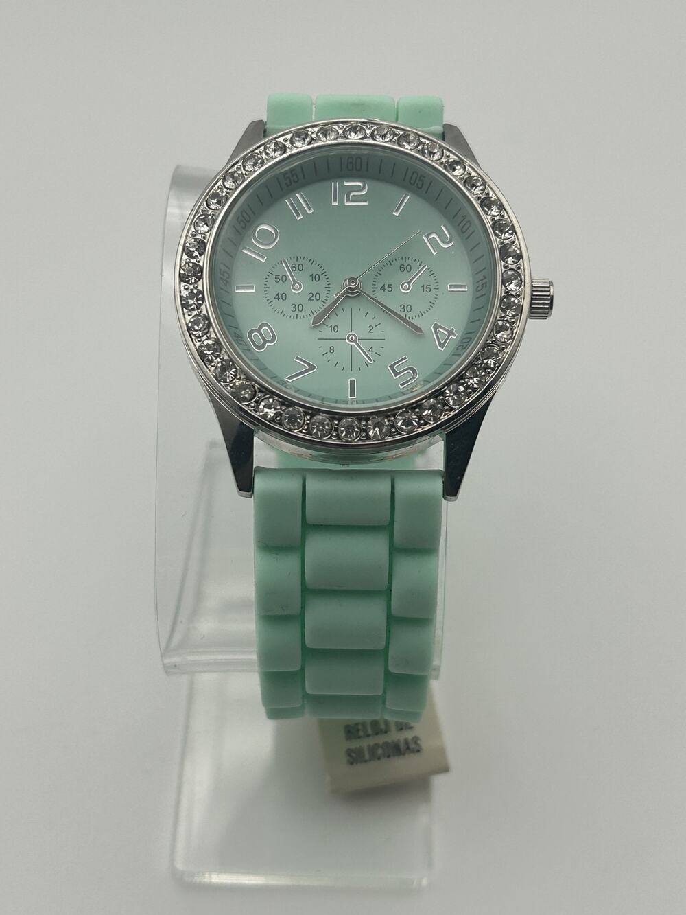 Mint Green Rhinestone Bezel Watch Women Multifunction Silicone Strap Dance Runs